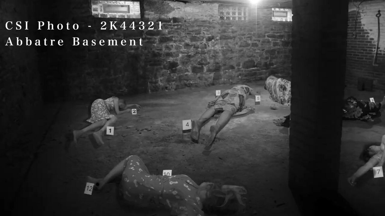 An investigator provides a narrative report while cross-referencing visual evidence from a crime scene in an underground basement.