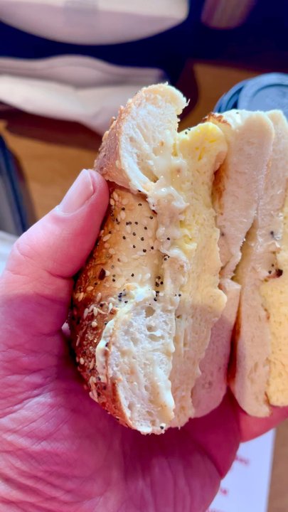 Main Street Caffe - Bacon egg and cheese on an everything bagel, still steaming - Coffee & Tea Near Me - Cheshire, Connecticut