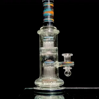 Preview pic of Hedman Headies - Fully-worked 10-arm Double Tree Shrub Tube w/ 4-hole Slide - Moonstone/Black/Fire & Ice Wigwag - 14mm Female