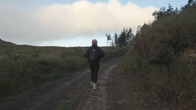 Woman hiking up a hill
