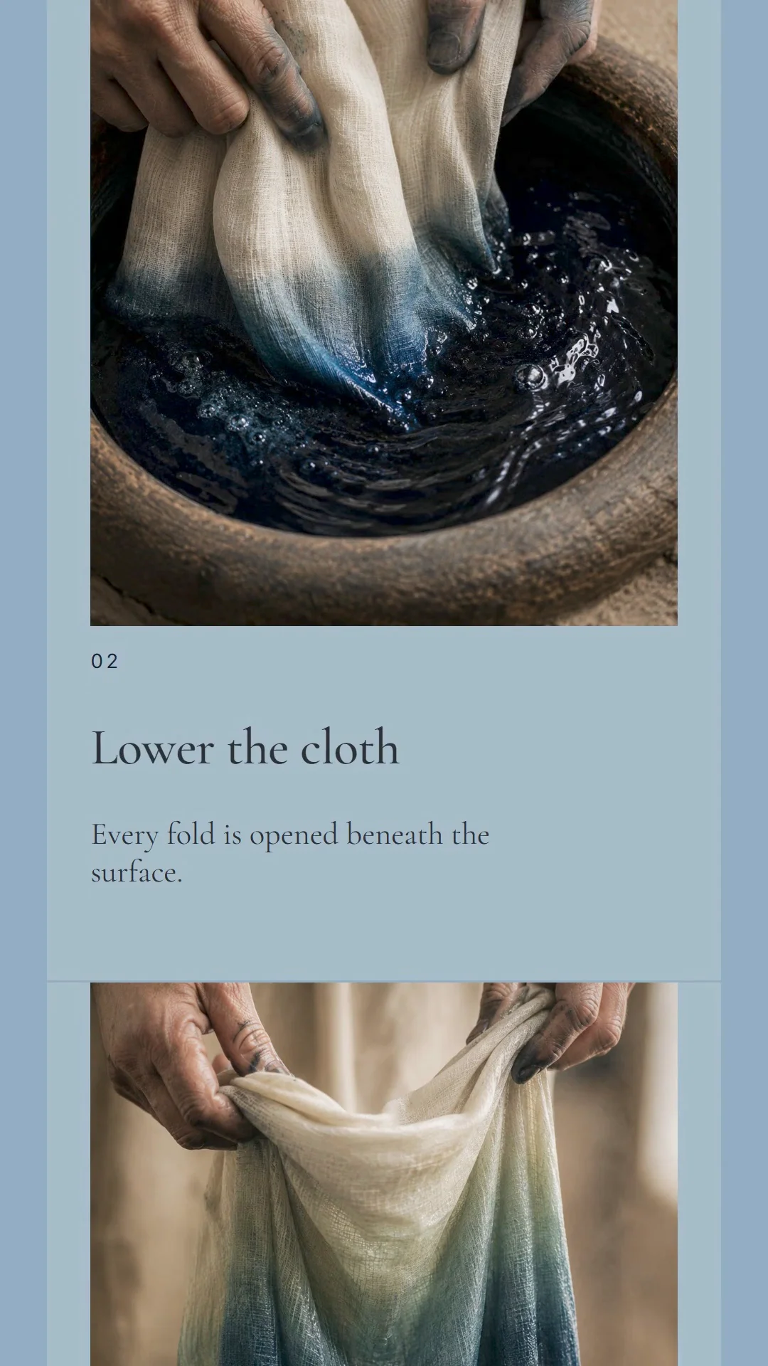 The home page of KON (my Framer template for an indigo dye atelier) goes from undyed cream to deep indigo as you scroll.Cloth turns indigo one dip at a time, so I let the page do the same. A counter keeps track, up to "Dip 06 / 06".It's $79, and it's on my profile.