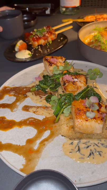 Manalo Lounge - Miso cod, misoyaki scallops, chicken skewers, pork belly skewers, sunset sushi roll, satsuma sweet potato - New American Near Me - Kapolei, Hawaii