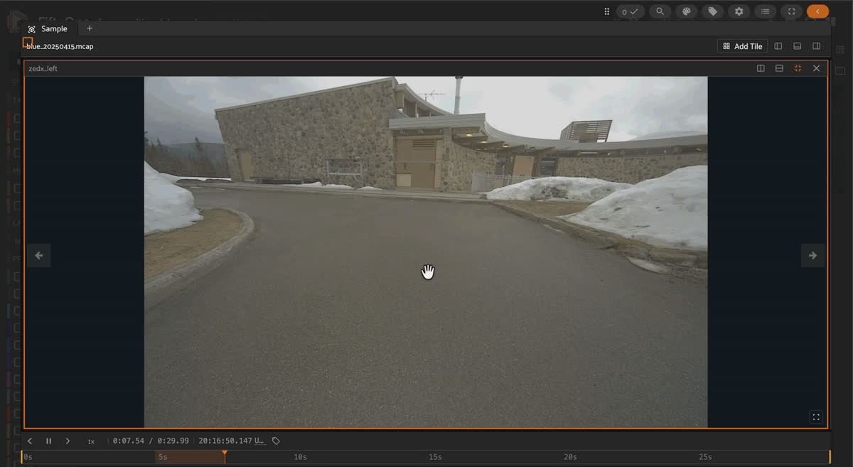 FoMo MCAP episode in FiftyOne showing the Navtech radar bird's-eye-view stream next to a colorized forest LiDAR point cloud.