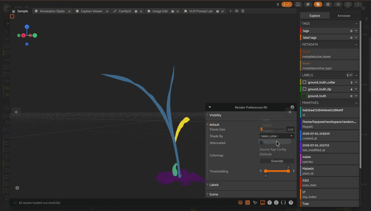 Pheno4D 3D point cloud scan of a maize plant with per-organ labels in the FiftyOne app