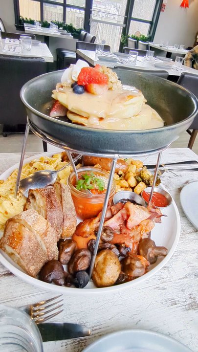 NextDoor Restaurant - Brunch tower for 2 (scrambled eggs, lamb sausage, double smoked bacon, brussel sprout & potato hash, shakshuka, buttermilk pancakes) $58 - Canadian (New) Near Me - Markham, Ontario