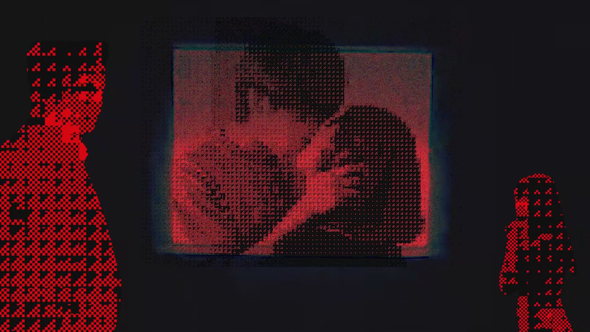 Observers in silhouette watch intimate romantic scenes playing on illuminated monitors within a dimly lit environment. The visual composition emphasizes the contrast between the static viewers and the dynamic, colored content of the screens.