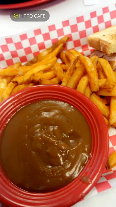 Hippo Cafe - Club sandwich, fries with a side of brown gravy.. - American Near Me - Hutto, Texas