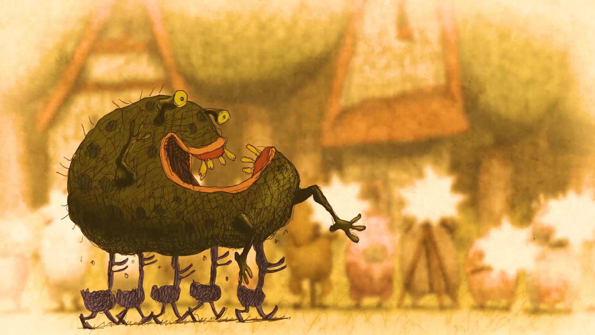 A group of ducks undergoes a dramatic transformation into fearsome monsters, reclaiming their village as 'Monsterville' before the animation cycle resets. The narrative style employs playful visual shifts to illustrate a sudden change in character identity and setting.