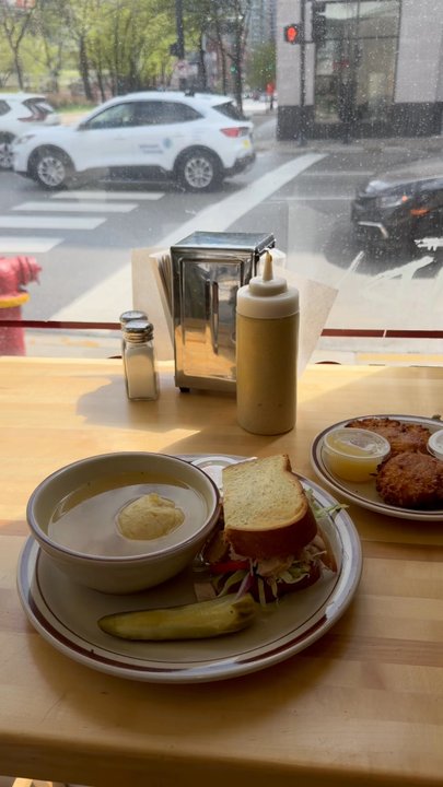 Schneider Deli - Matzo Ball Soup, Turkey Sandwich, and Latkes with Apple Sauce and Sour Cream - Bagels Near Me - Chicago, Illinois