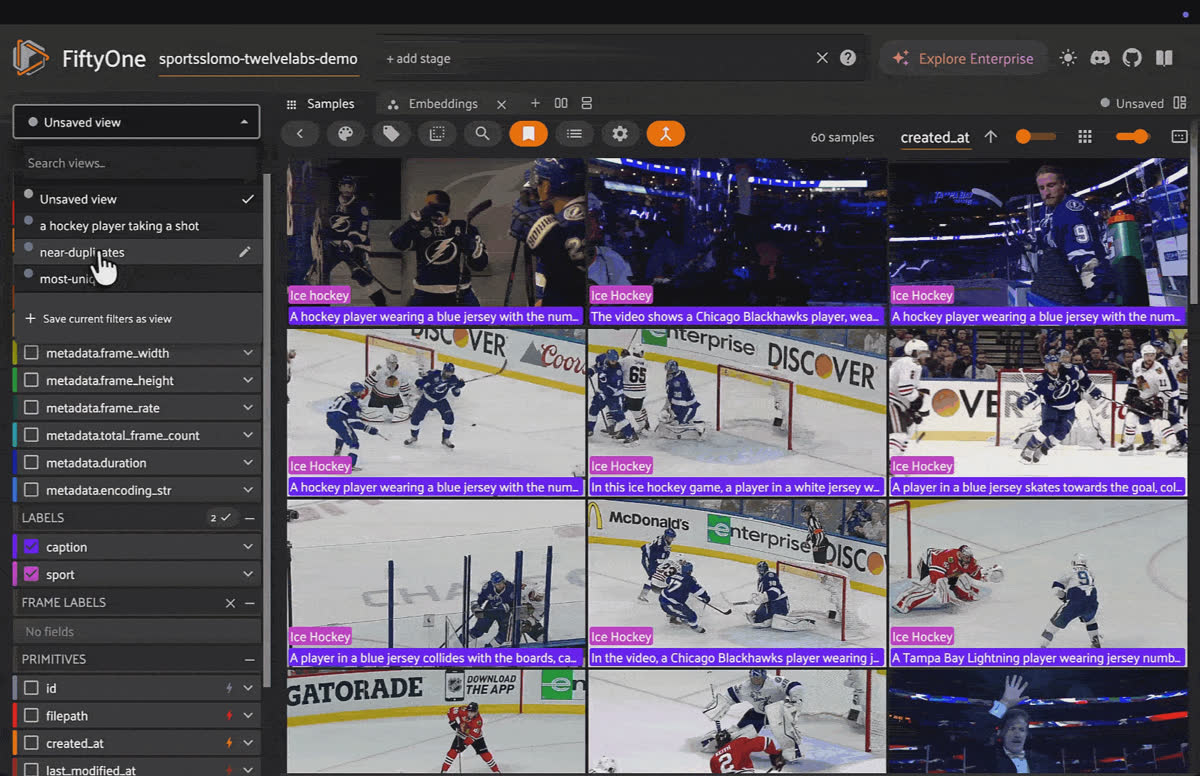 Pegasus captions every clip and answers questions like "what sport is this?" to label footage on demand.