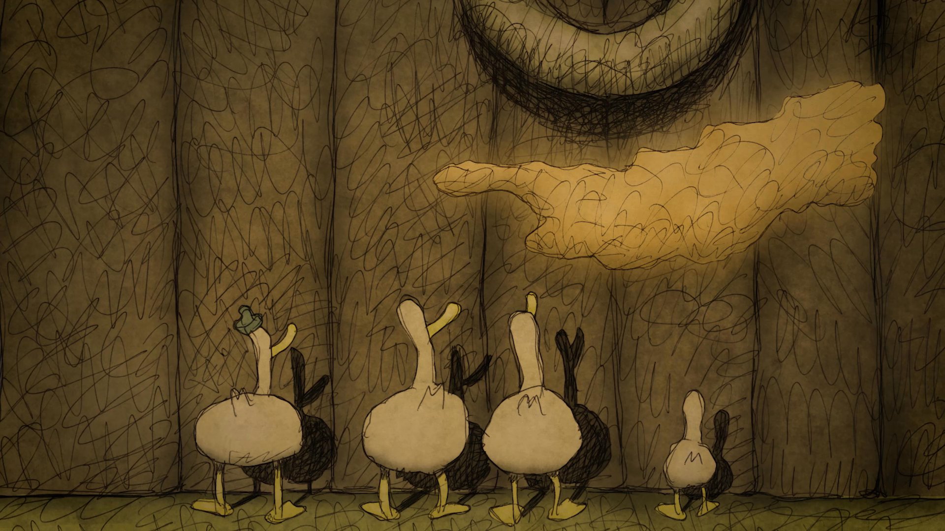 A group of stylized ducks interacts with a textured wooden environment, culminating in a surreal transformation and the consumption of glowing objects.