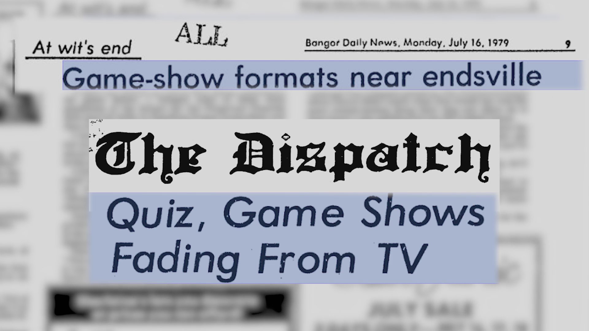 A vintage newspaper headline discussing the decline of television quiz and game shows transitions into the iconic stage set of The Gong Show.