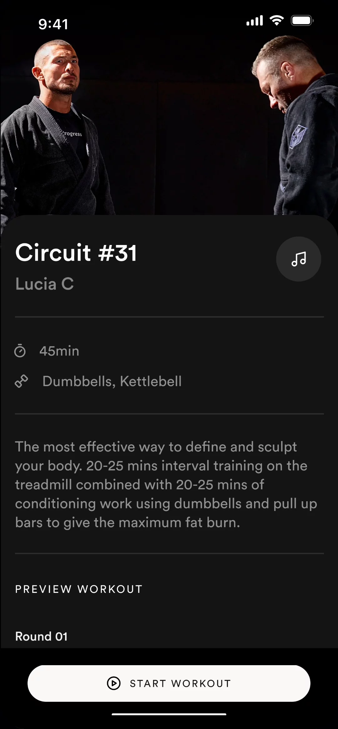 On-demand workouts screen playing a circuit class