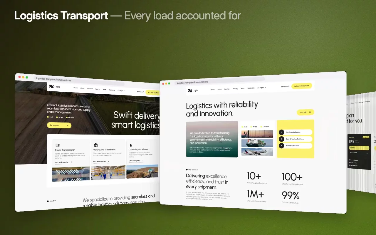 Logistics Transport leads with the four numbers a shipper actually asks for: routes, clients, deliveries, on-time rate.Then the experts behind them, then a plan that fits — swift delivery, smart logistics, evidenced.Live preview → https://logistics-template.framer.website/Put it to work →#framer #framertemplate #framerexpert #webdesign #nocode #logistics #transport #supplychain #freight