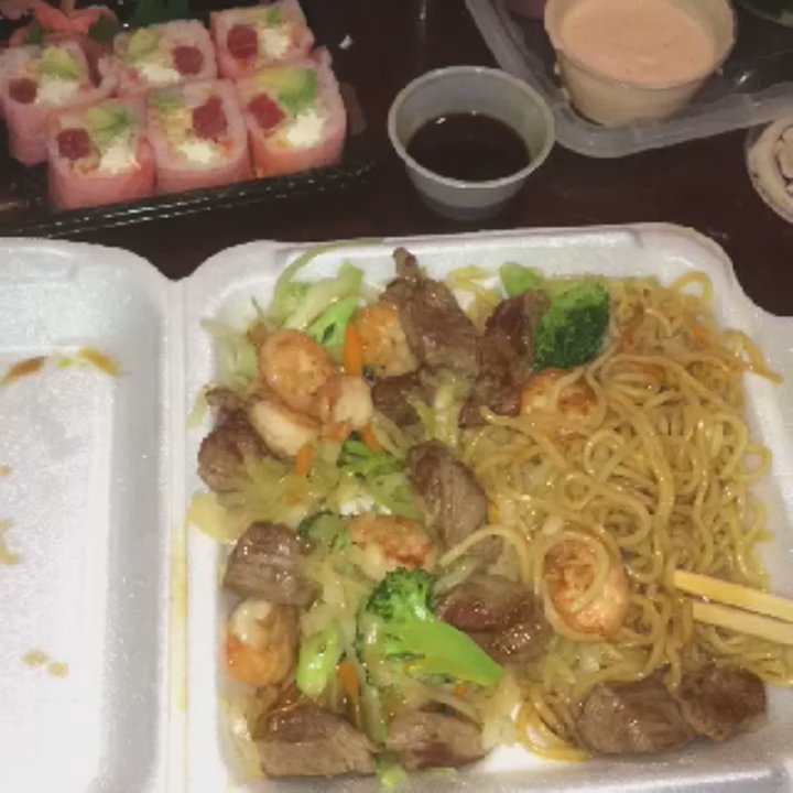 Ichiro - Steak & Shrimp teriyaki (substitute for noodles) and Phoenix Roll (pink soy paper wrapper) - Sushi Bars Near Me - Rock Hill, South Carolina