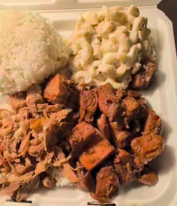Hawaiian Bros Island Grill - A short video of a Mixed Plate with Huli Huli Chicken, Luau Pig, Rice, and Mac - Hawaiian Near Me - Richardson, Texas