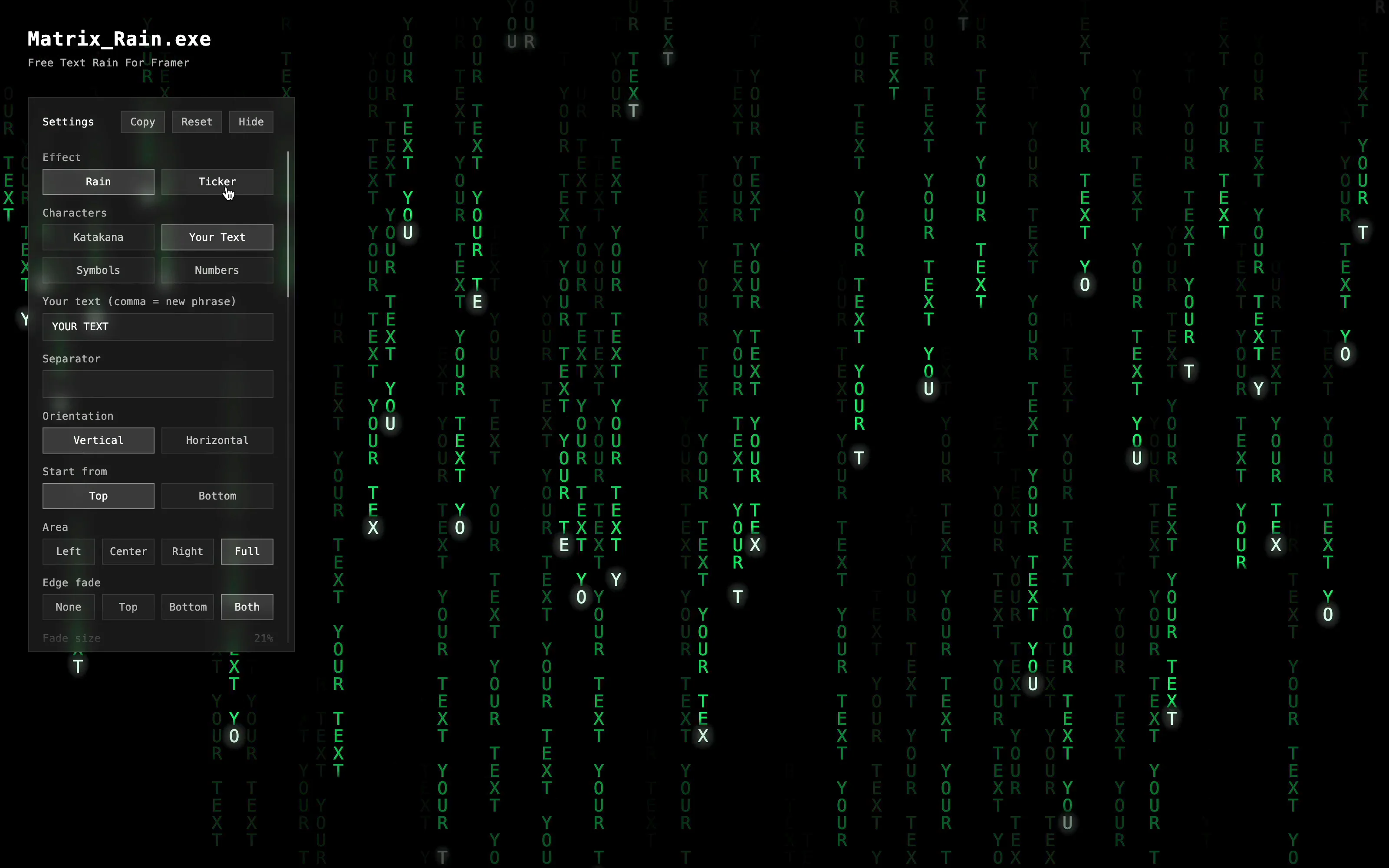 > file: Matrix_Rain.exe > status: free_componentCode rain, your word streams &amp; tickers.