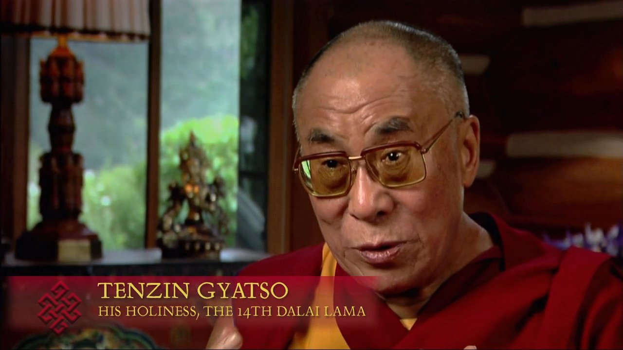 The 14th Dalai Lama discusses the role of Buddhist traditions in achieving lasting inner peace. The narrative highlights spiritual practice against the backdrop of traditional Tibetan religious art.