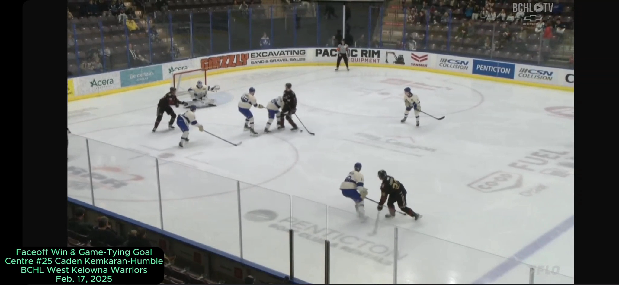 BCHL 2005 6'5" Centre #25, Caden Kemkaran-Humble: Faceoff Win & Game-Tying Goal (West Kelowna Warriors vs. Penticton Vees)