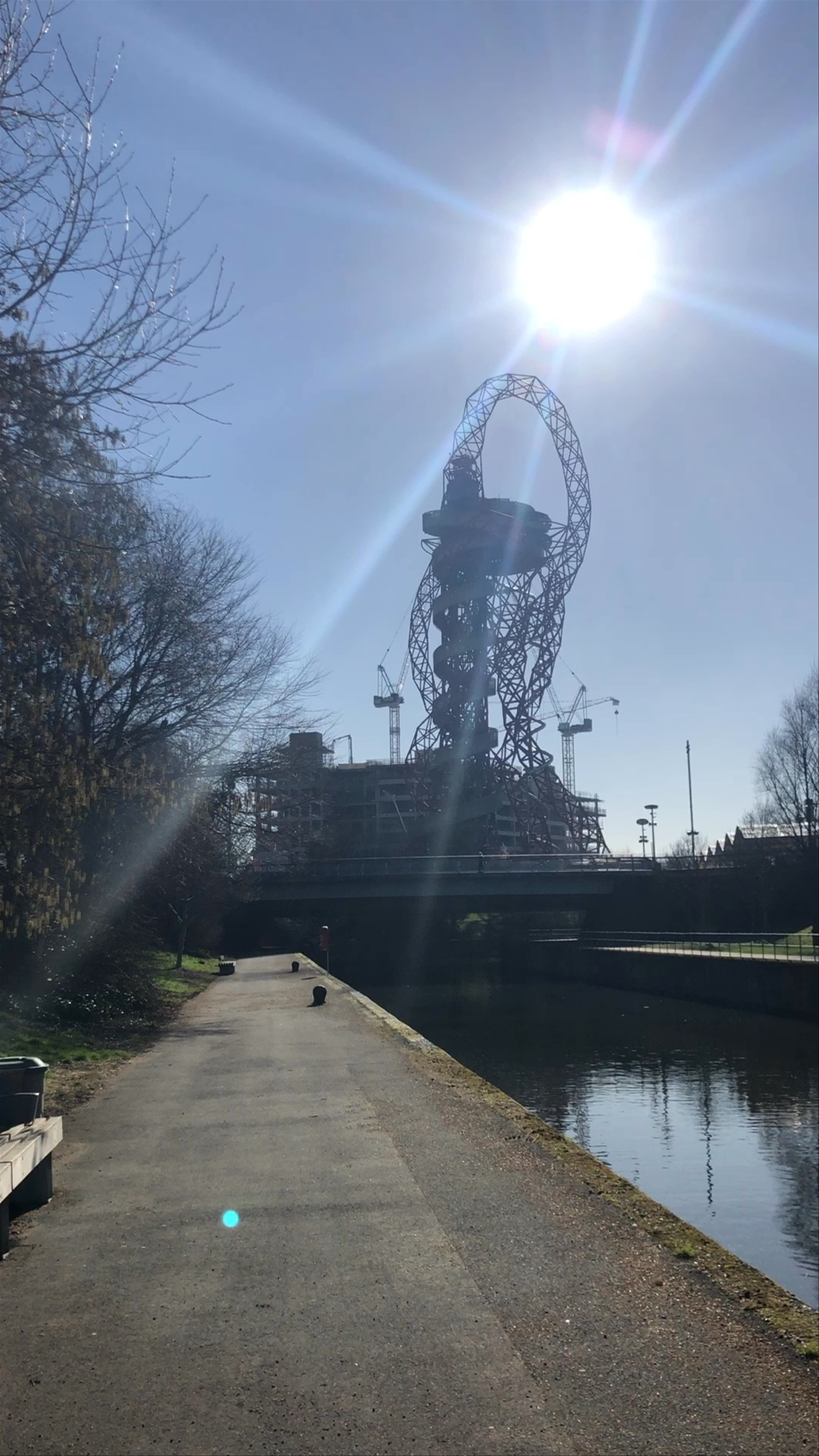 Sunlit Walk Along London’s Olympic Park Canal and ArcelorMittal Orbit