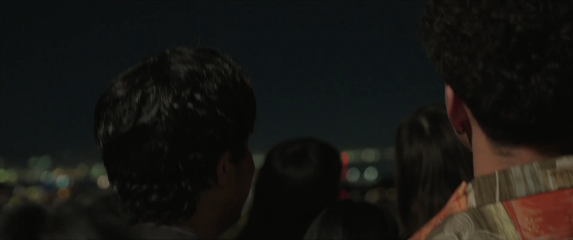 A crowd of people gathers outdoors at night to celebrate while watching a vibrant fireworks display illuminate the sky above a city horizon.
