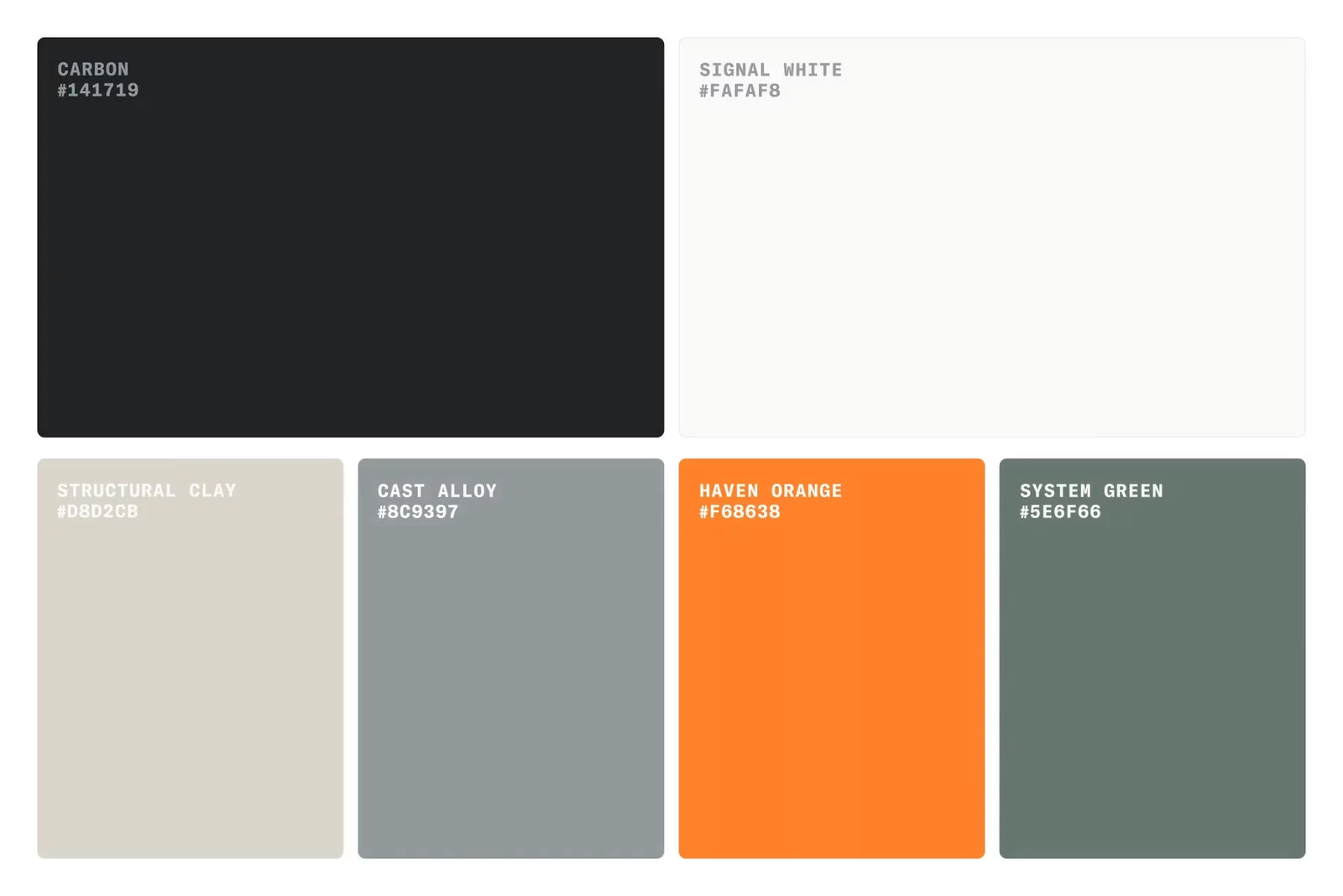 Named for what it's supposed to feel like: coated steel, cast alloy, structural clay. The orange is the only color that raises its voice.