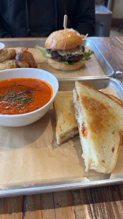 Alesong Brewing & Blending - grilled cheese with tomato soup and the burger with potatoes - Breweries Near Me - Eugene, Oregon