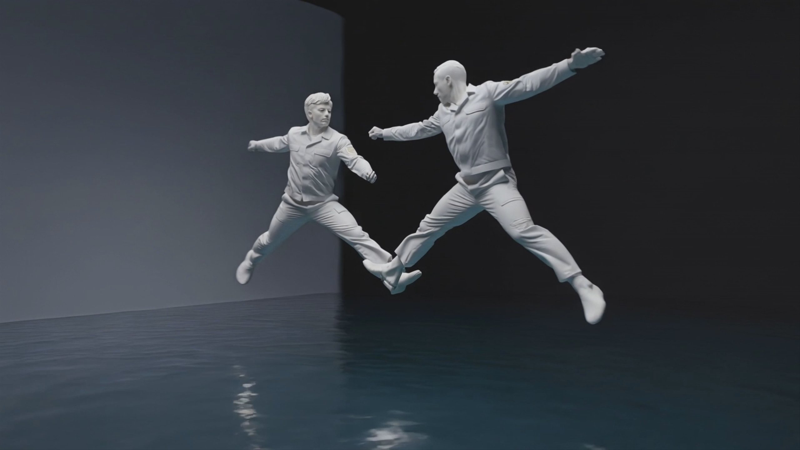 The reference video's orbiting camera restaged around a marble drape sculpture in a flooded gallery at dusk.