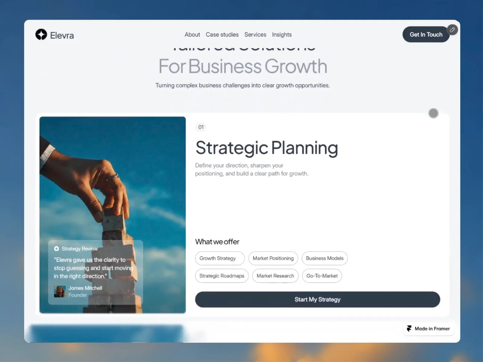 The Elevra homepage is built to turn visitors into customers. 🚀Every section has a purpose — building trust, showcasing success stories, and helping consulting businesses communicate their value.A new Framer template designed for business consultants.What do you think? 👀
