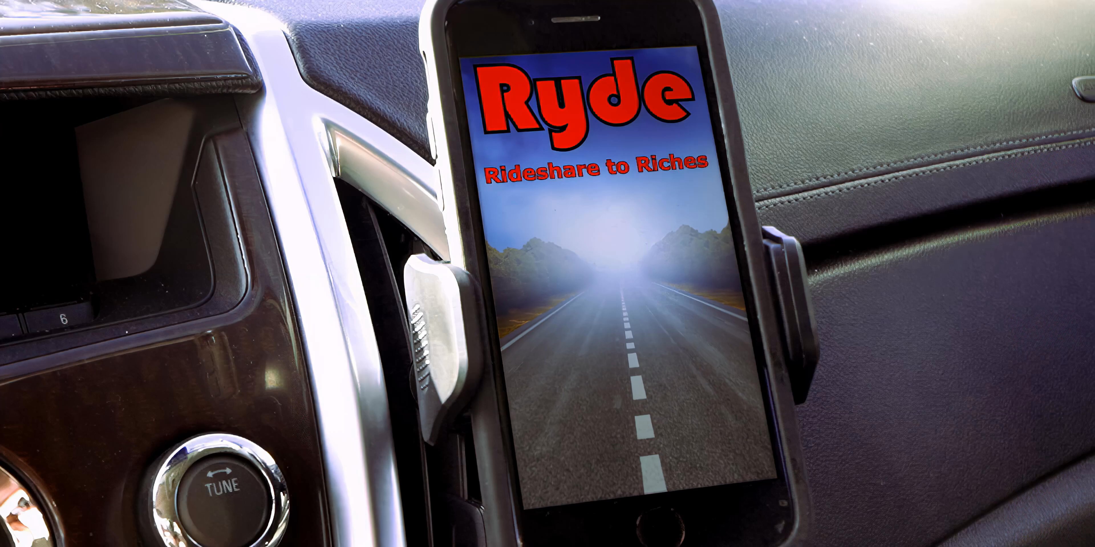A smartphone mounted in a vehicle dashboard displays an animated promotional sequence for a ridesharing application titled Ryde. The screen transitions from branding graphics to a driving simulation, culminating in an interactive start prompt for the user.