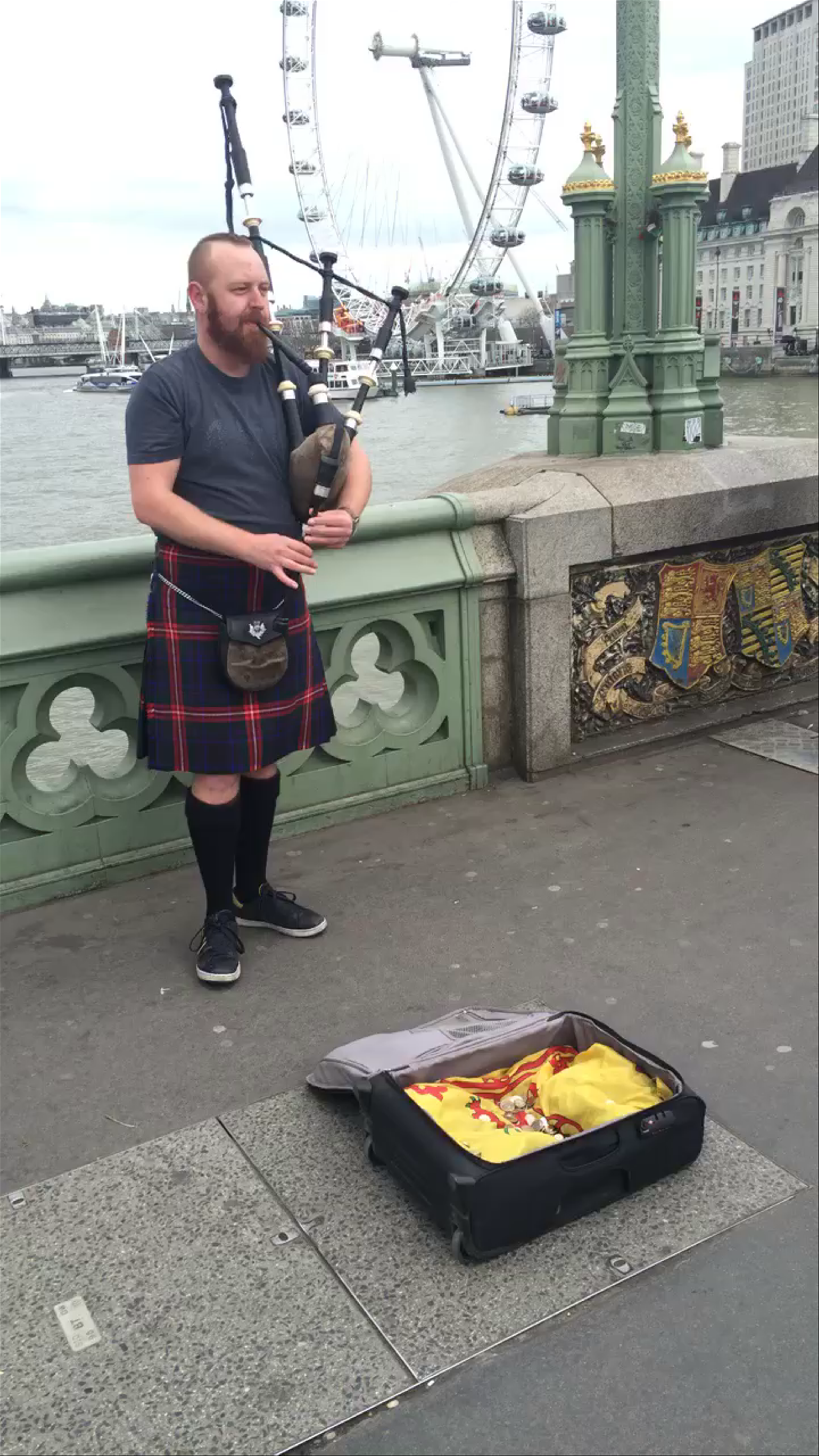 Traditional Bagpiper at London Bridge with Iconic London Eye Backdrop