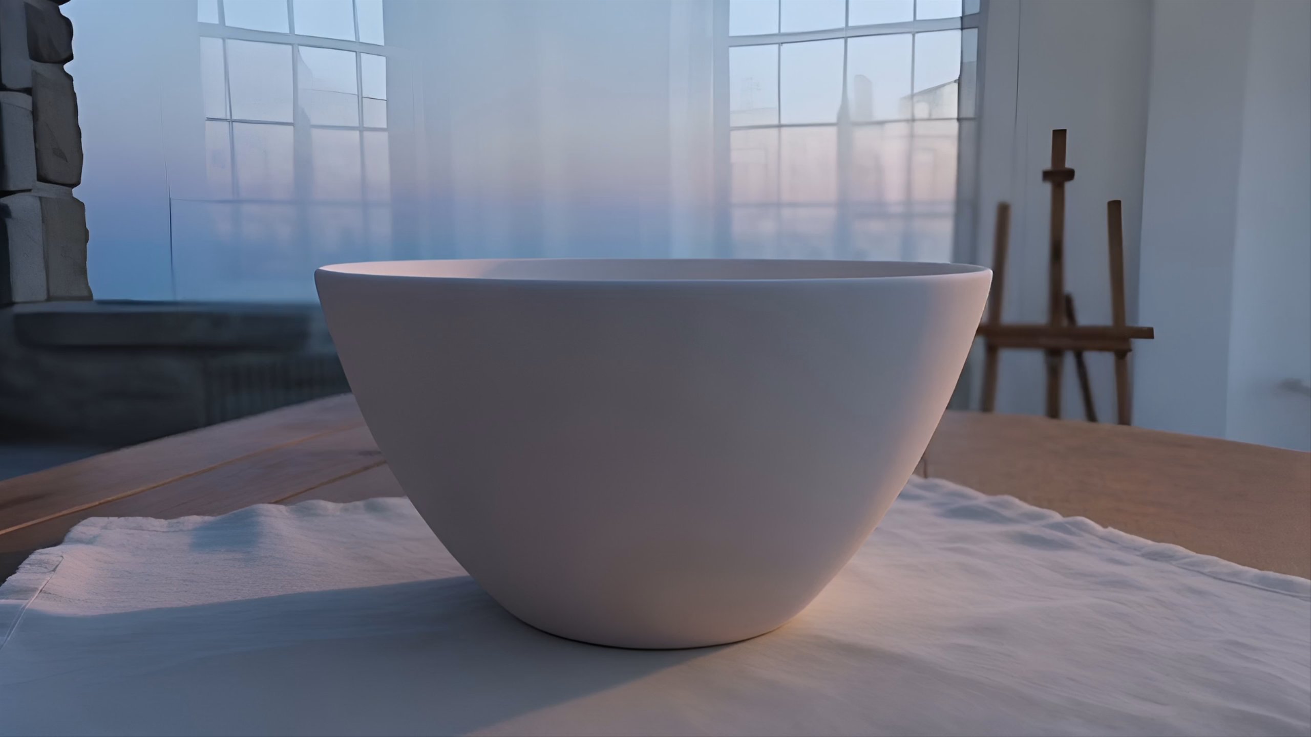 The same white ceramic vessel stays identical as the scene shifts from a bright atelier to a dusk courtyard.
