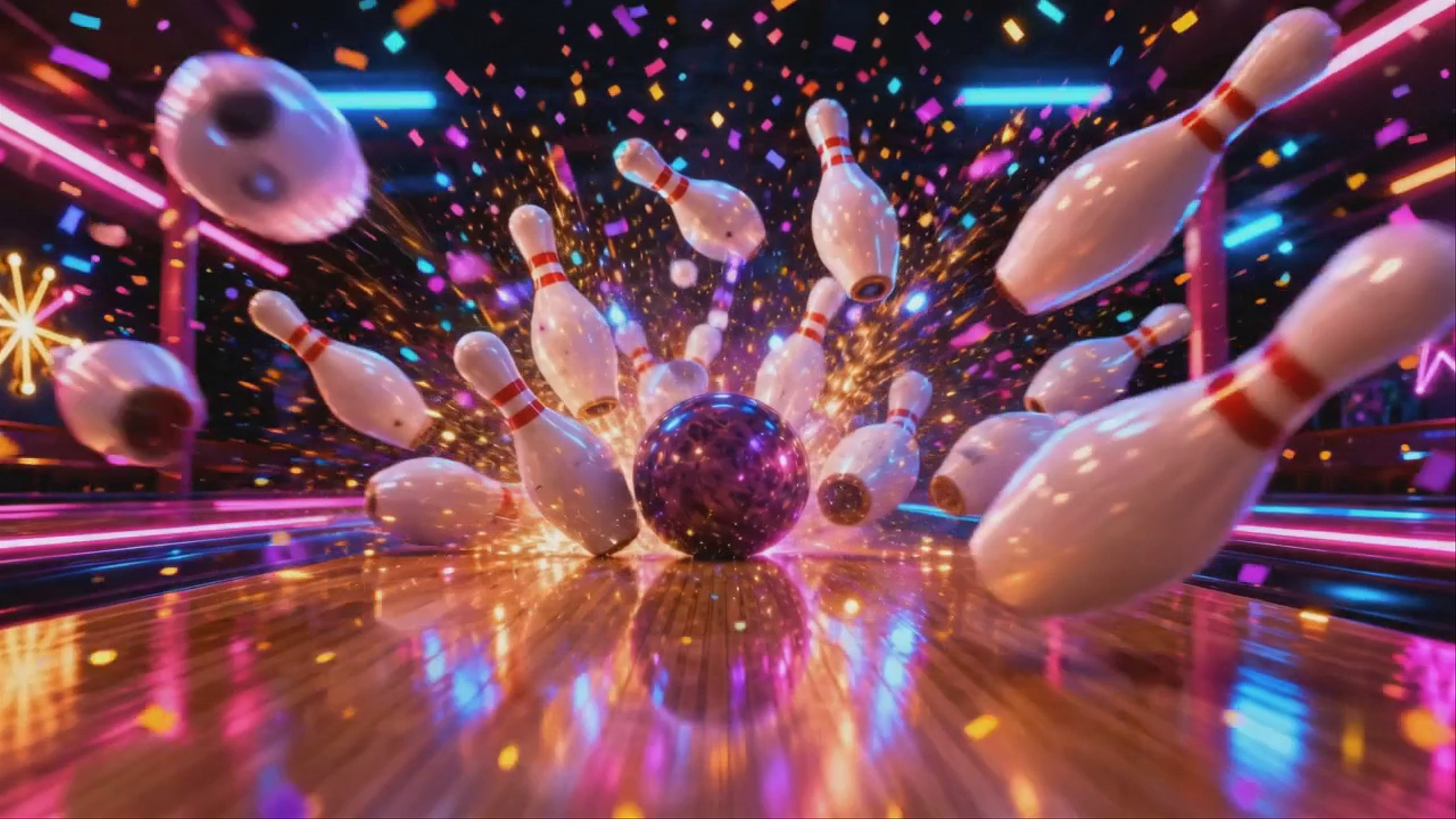 A celebratory neon bowling-alley video of cute plush fruit characters under an "AGENT 2" banner — a peach plush bowls a strike, pins explode in confetti, and the crew erupts in celebration. 1280x720, generated with Seedance 2.0.