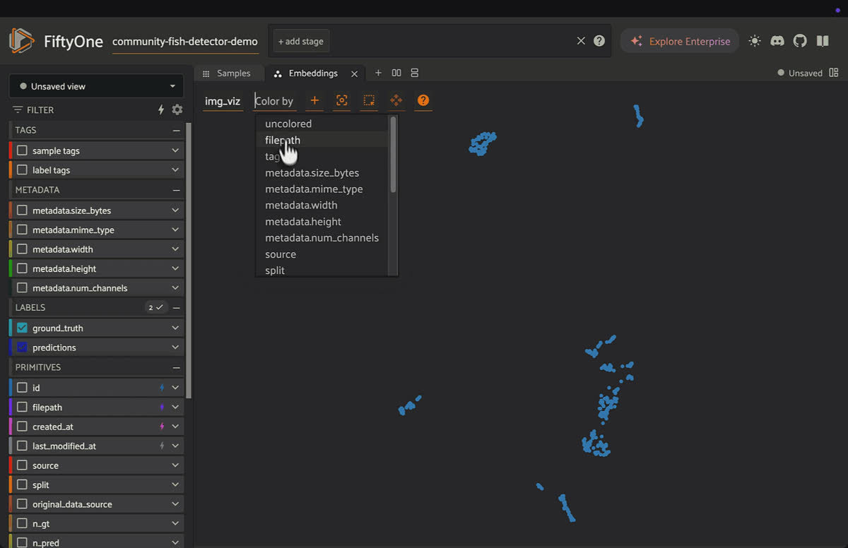 FiftyOne surfacing probable annotation errors across the stitched-together fish datasets, ranked so the most likely label mistakes rise to the top.