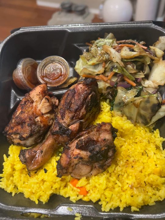 Doc's Street Grill - Jerk chicken with rice and cabbage. Sauce on the side. Sooo SO good and juicy! - Chicken Wings Near Me - Roanoke, Texas