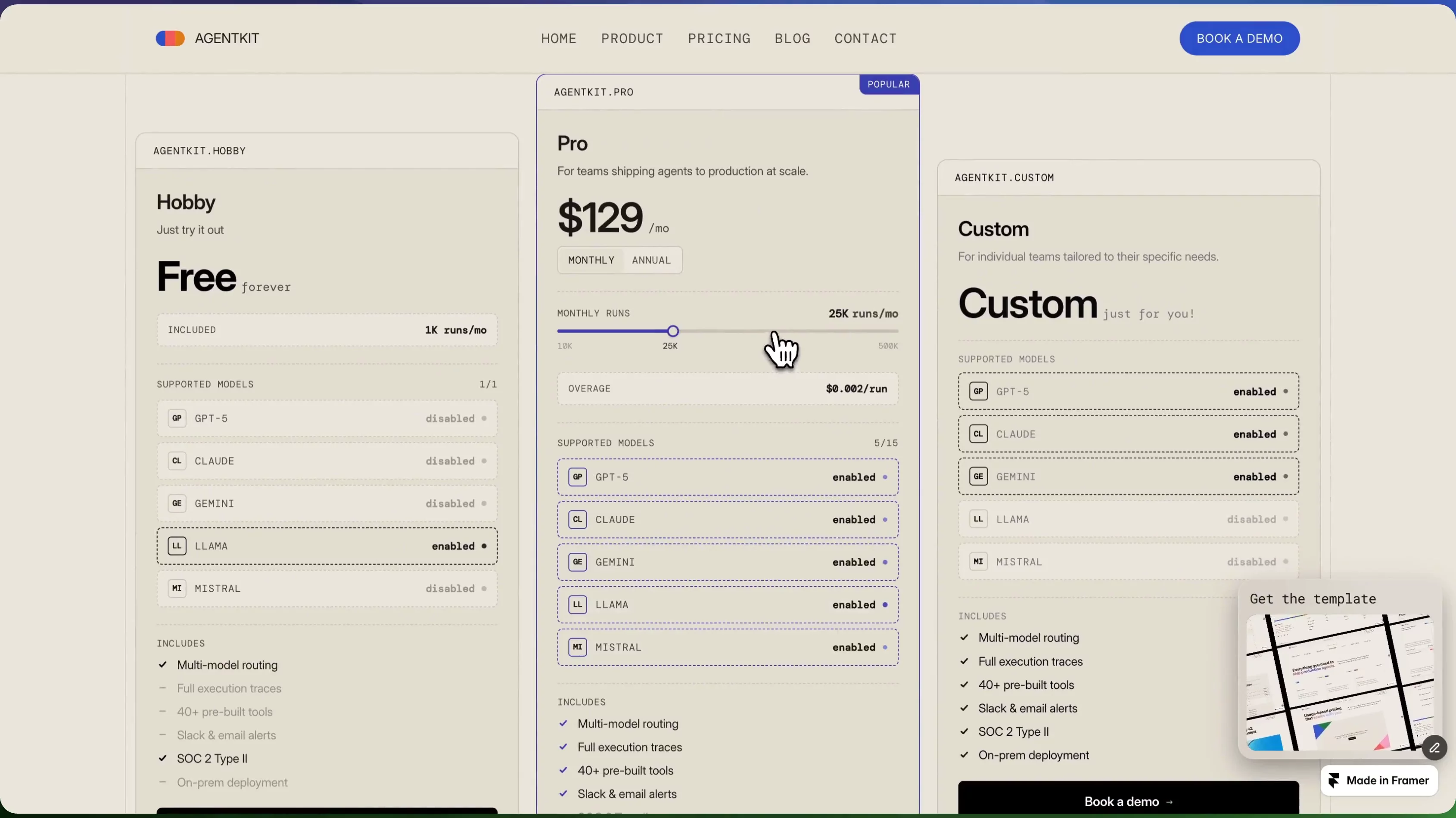 One of my favorite components in my Agentkit Framer template is this fully customisable pricing card.  Instead of manually updating every pricing tier, the component automatically calculates add-ons for each plan based on the rules you define.  Example:  • Hobby → Free, includes up to 1 model • Need more than 1 model? Upgrade to Pro • Pro starts with a minimum of 2 models • Every additional model is automatically calculated at $10 each It saves a ton of time when building SaaS pricing pages and makes pricing updates effortless.  You can find it in my AgentKit Framer template, along with a collection of reusable components designed to help you launch faster while keeping everything easy to customise.  What pricing setup would you build with it?