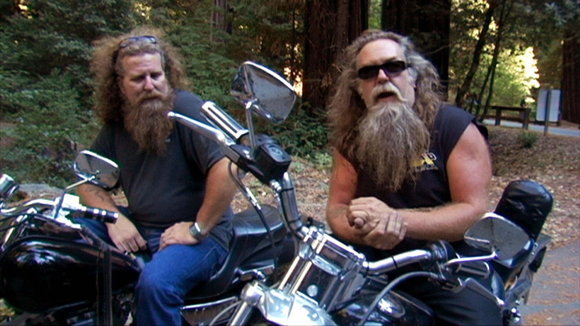 An elderly woman discusses topics as a bearded man sits on a motorcycle in a forested park environment. The subjects engage in a reflective dialogue throughout the recorded session.