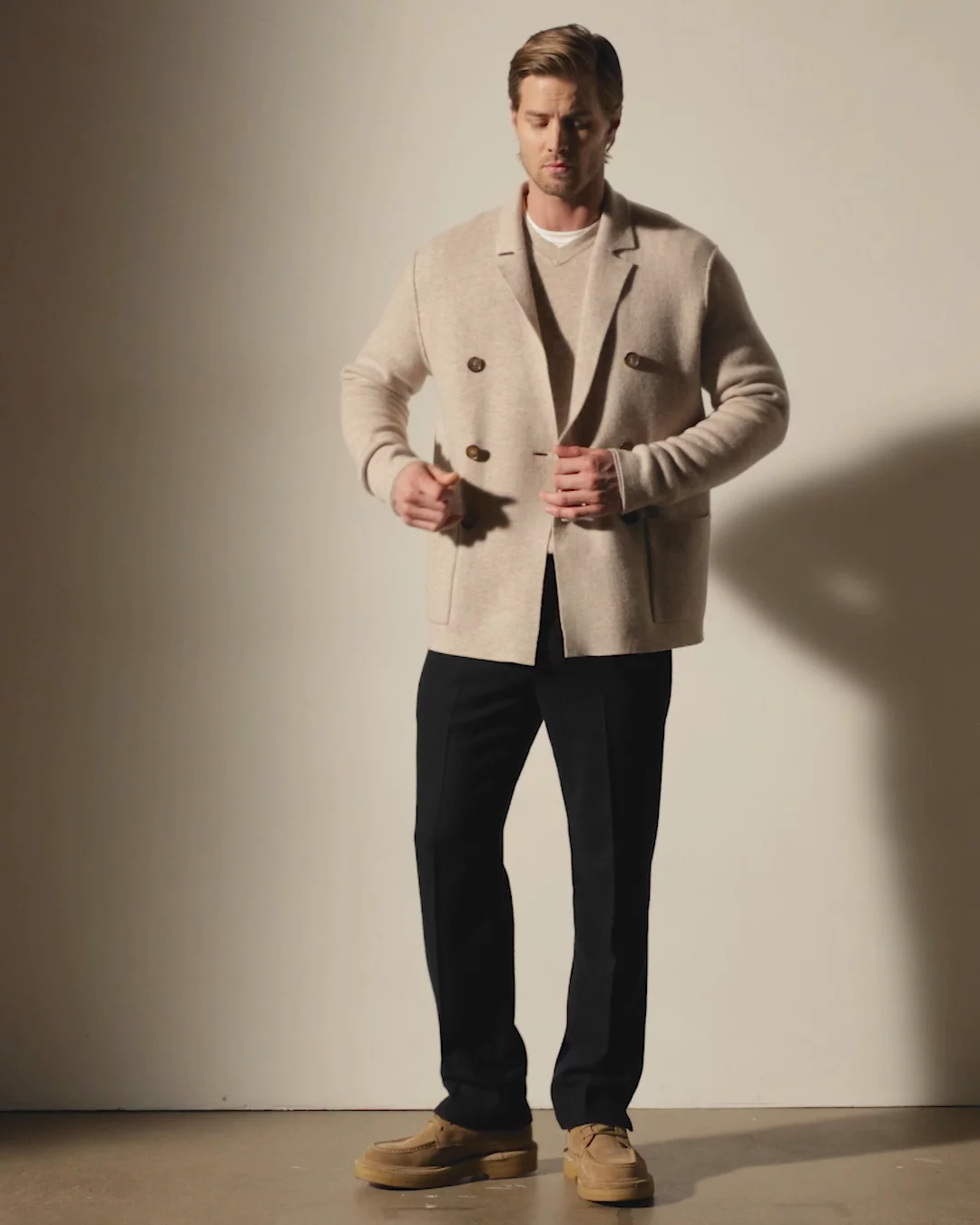 Double Breasted Cashmere Blazer - Stone | James Perse Los Angeles