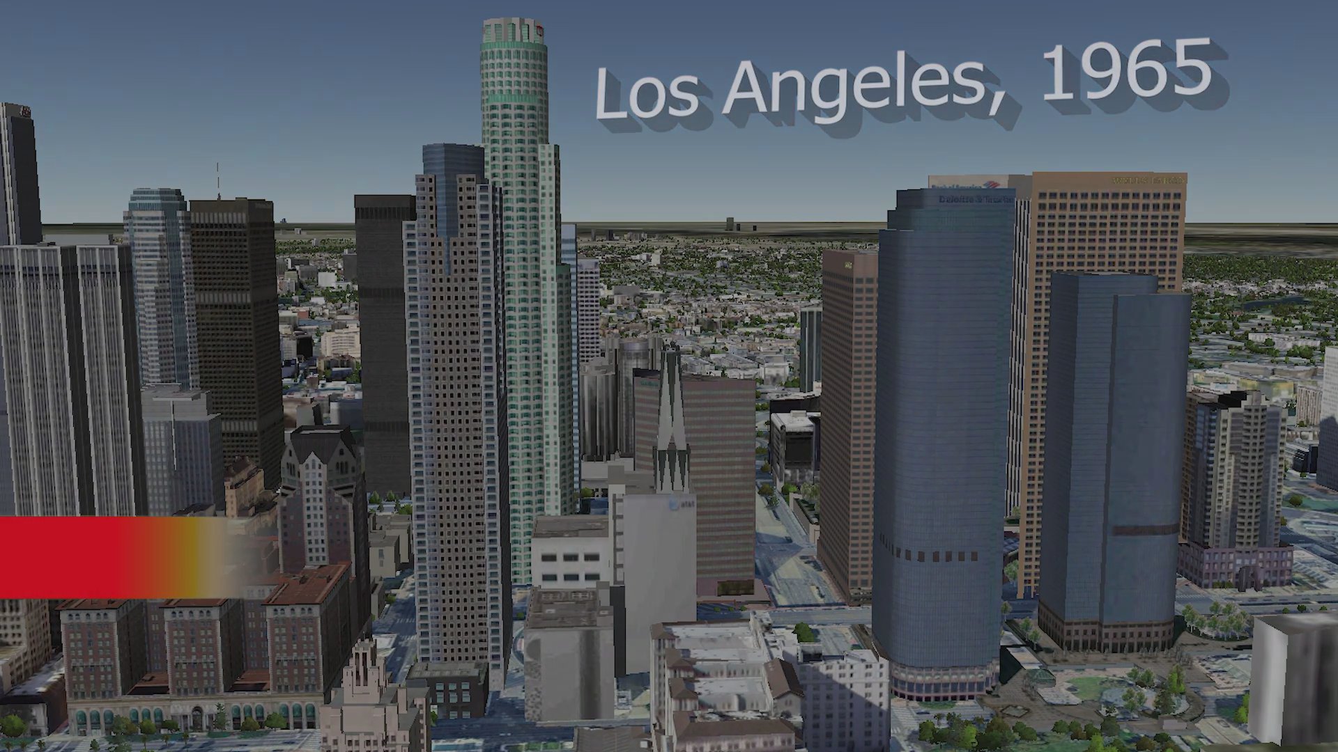 An aerial perspective transitions from a broad view of the city landscape to a focused look at the downtown Los Angeles skyline in 1965.