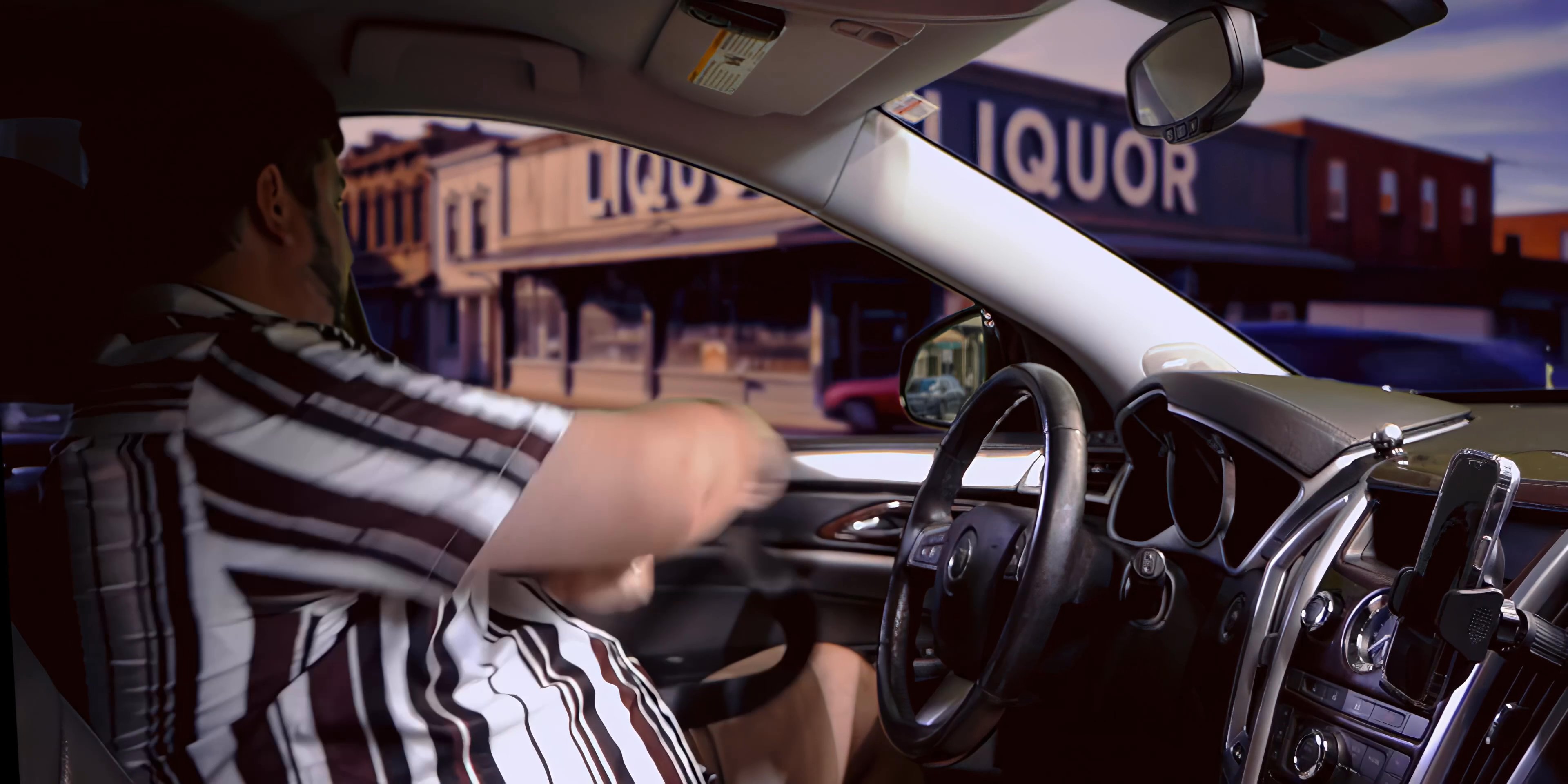 A rideshare driver navigates city traffic while his smartphone displays an incoming ride request on the dashboard mount.