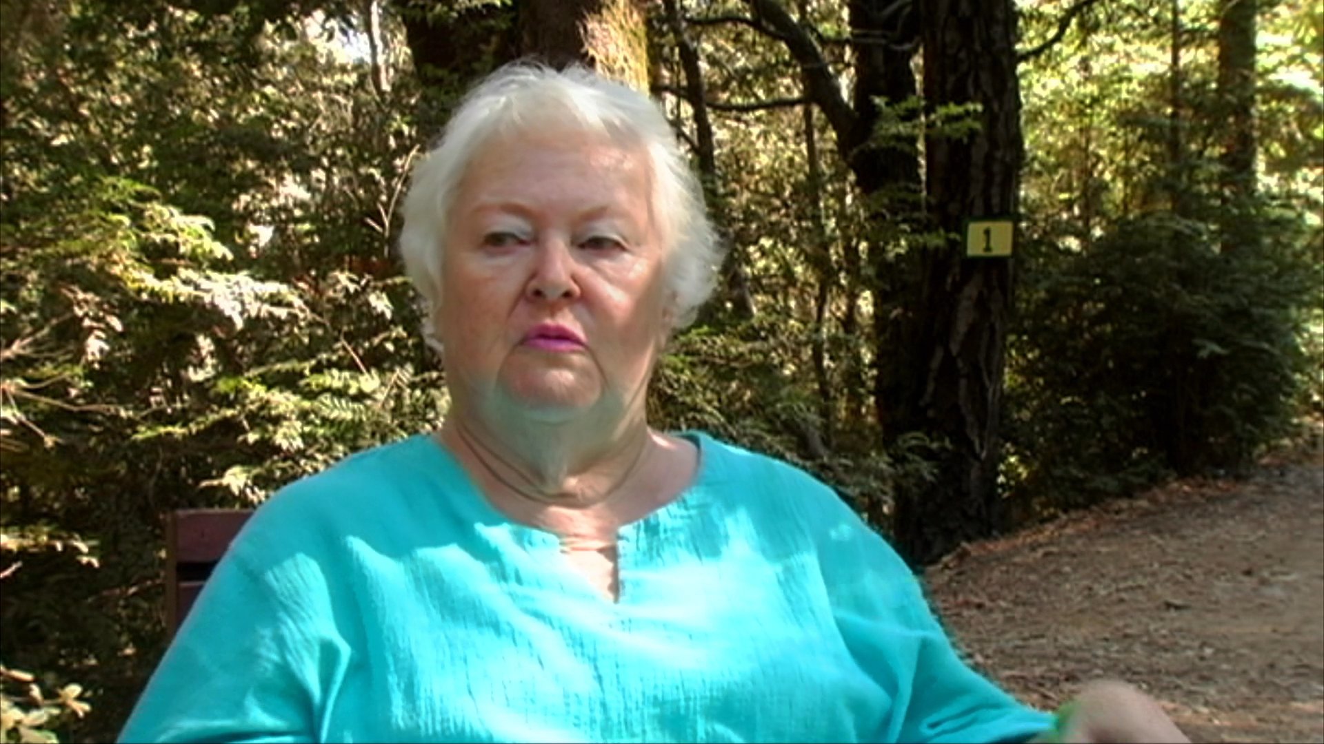 Two musicians perform an acoustic arrangement before transitioning to a candid interview with a woman sharing personal reflections in a wooded setting.