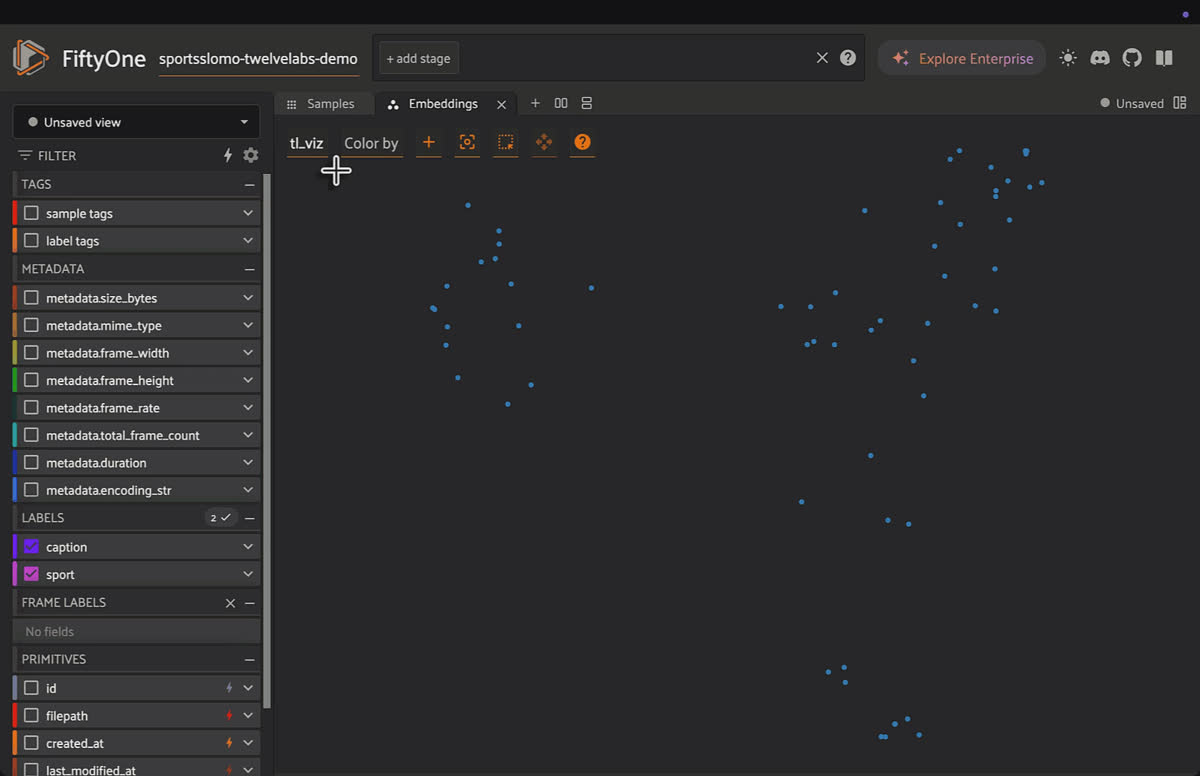 Pick a clip and use FiftyOne Brain to find more like it, surface near-duplicates, and mine a diverse set.