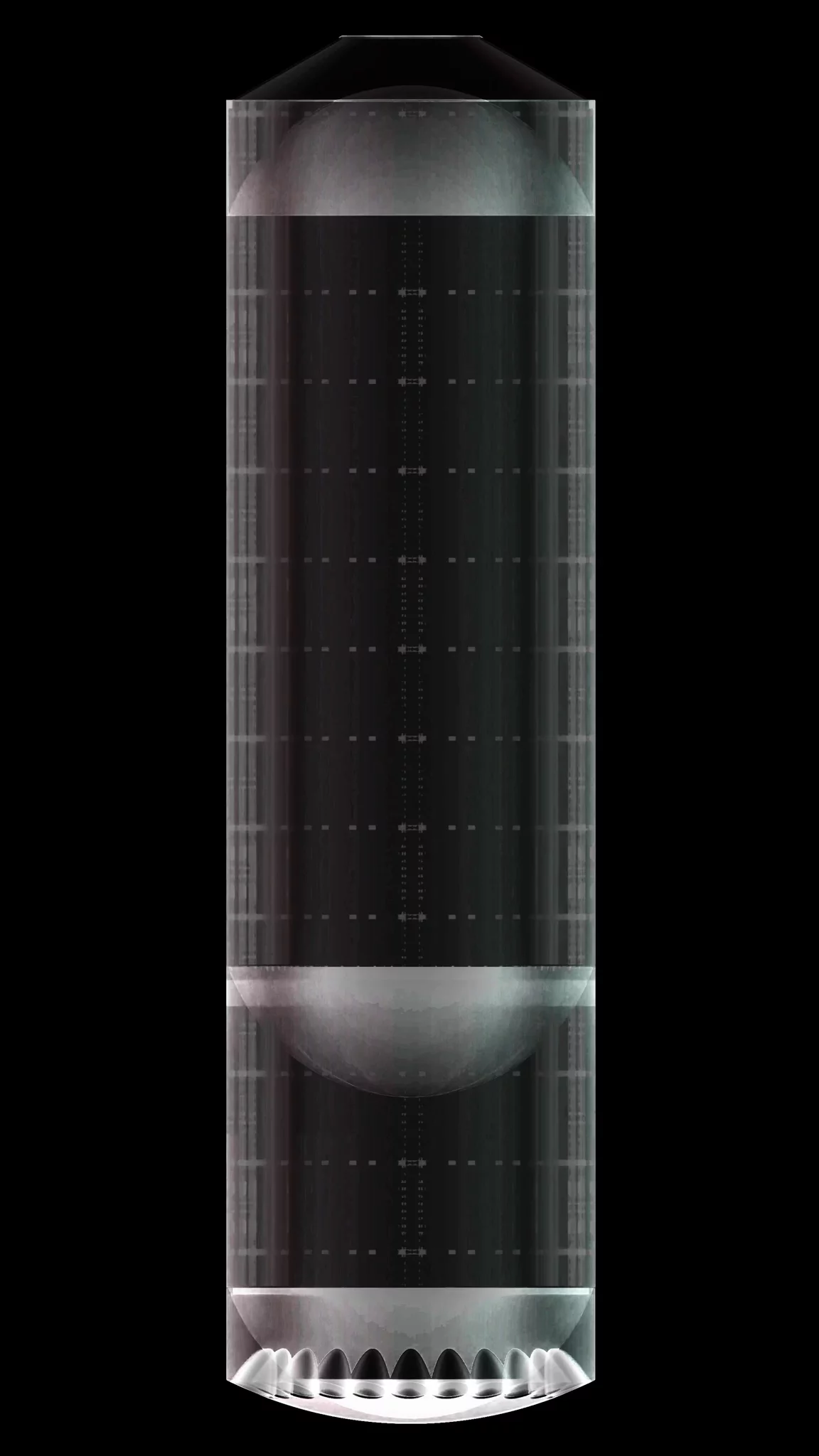 Ghosted grey rendering of the Nova Block 2 second stage against black: a cylinder with two large domed tanks stacked inside and a ring of nozzles around its base.