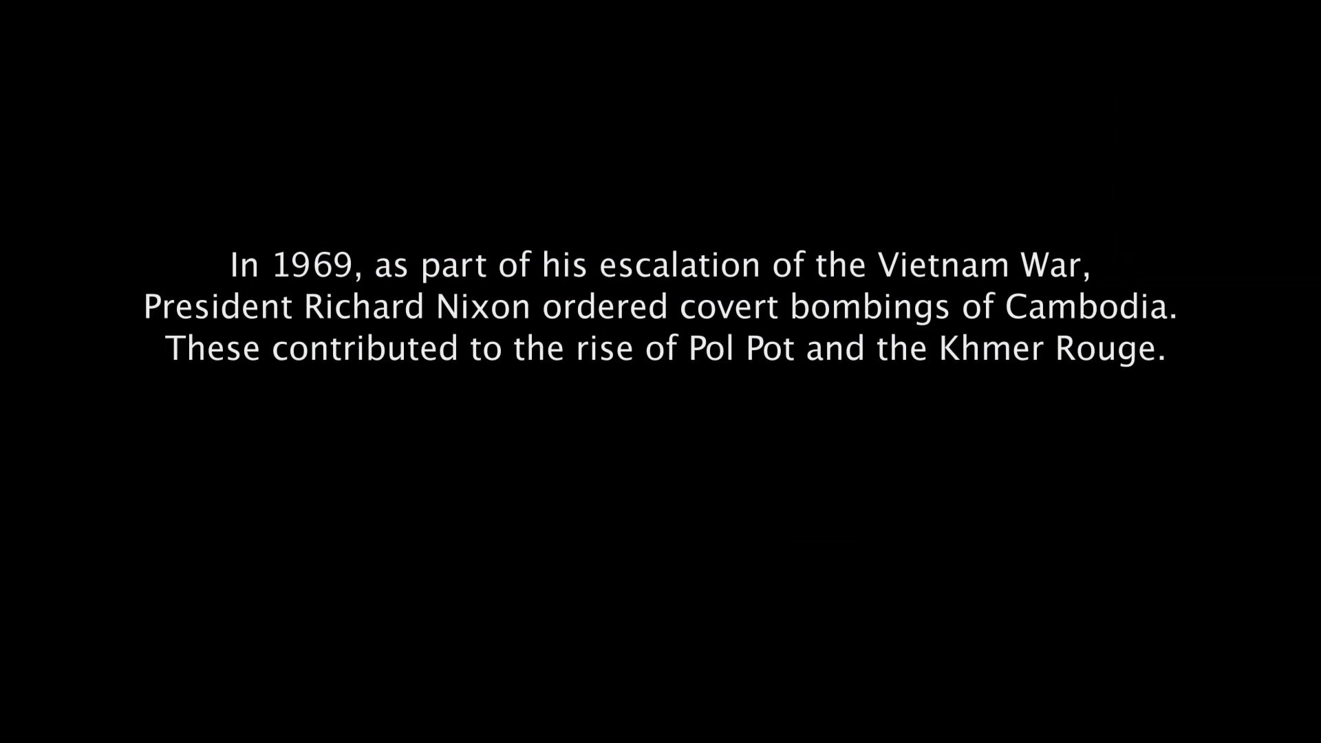 Historical footage captures aerial views of bombing raids conducted in Cambodia during the Vietnam War, accompanied by a contextual overview of their impact on the region's political climate.
