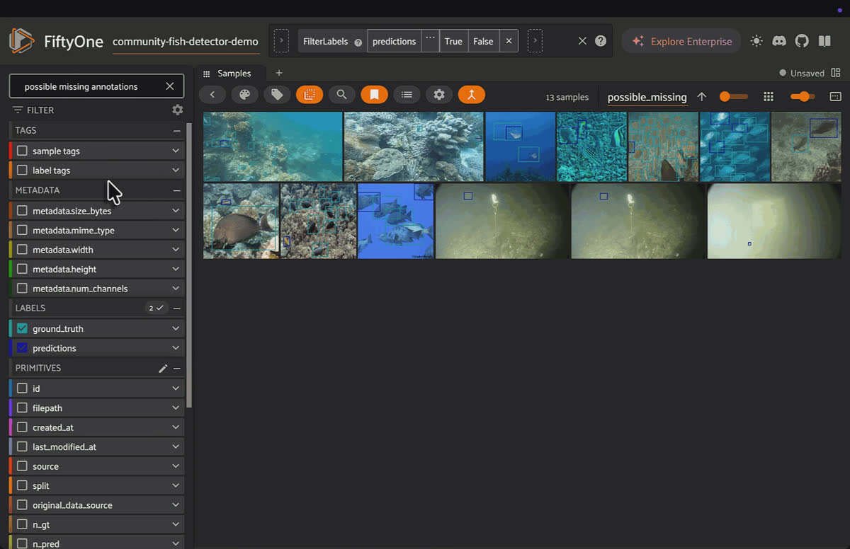 FiftyOne flagging confident fish detections that have no ground-truth box, the likely missing annotations worth sending back upstream.