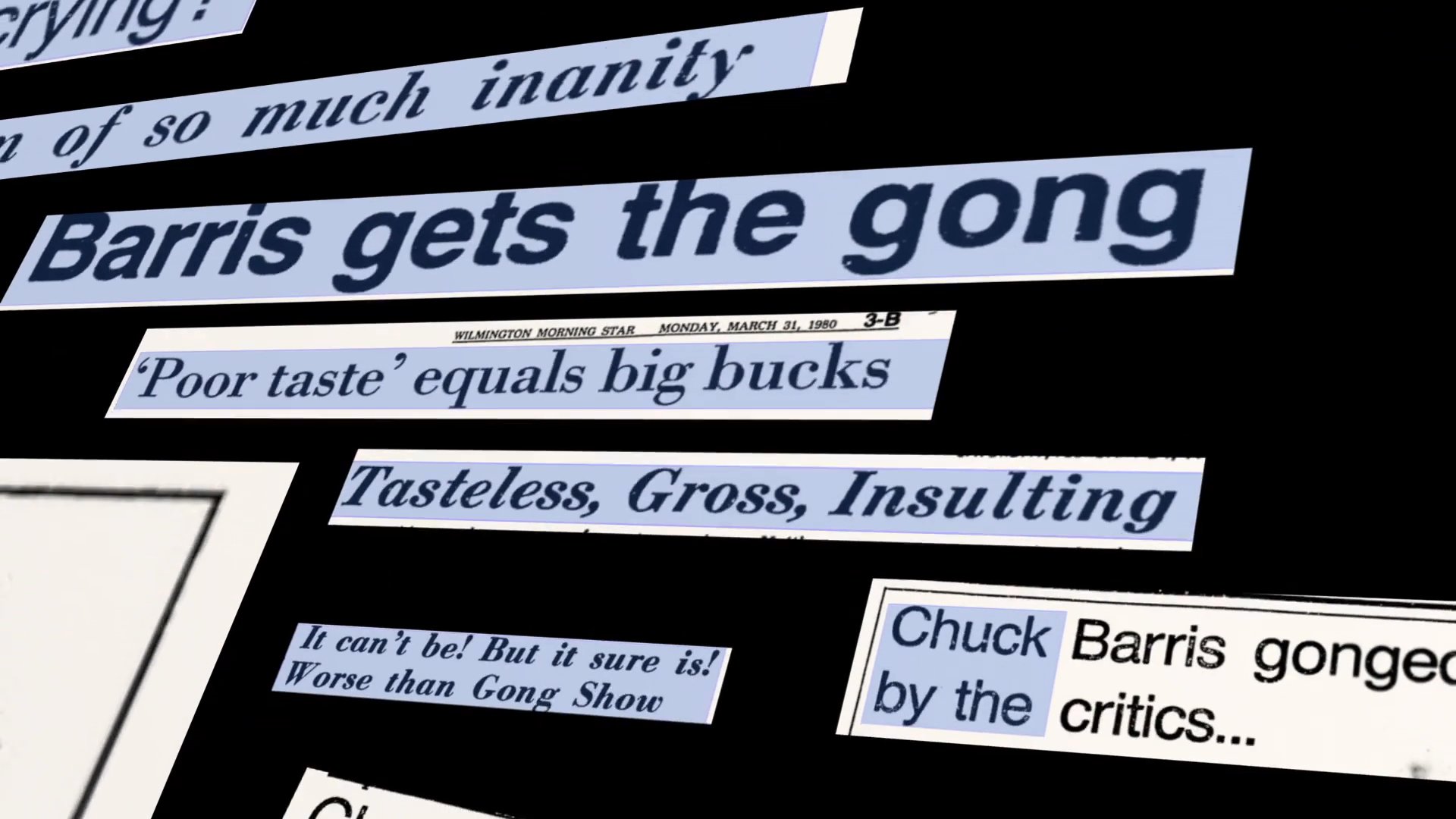 A montage of vintage newspaper headlines and articles critiques the career of television producer Chuck Barris, focusing on the controversial reception of his popular game shows.