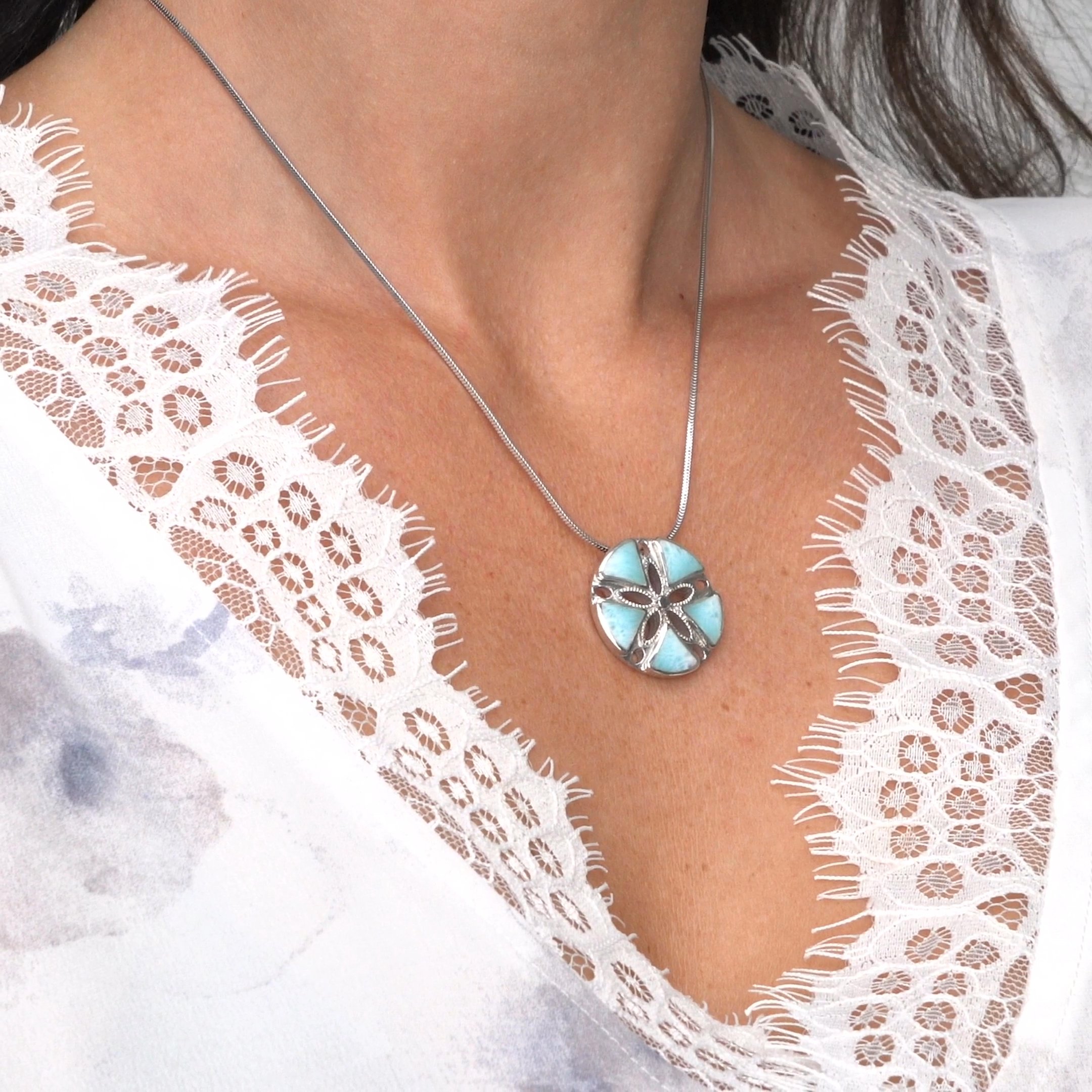 Fossil sand dollar, fossil necklace, larimar pendant, sand dollar necklace, macrame jewelry, macrame necklace, larimar necklace, beach top