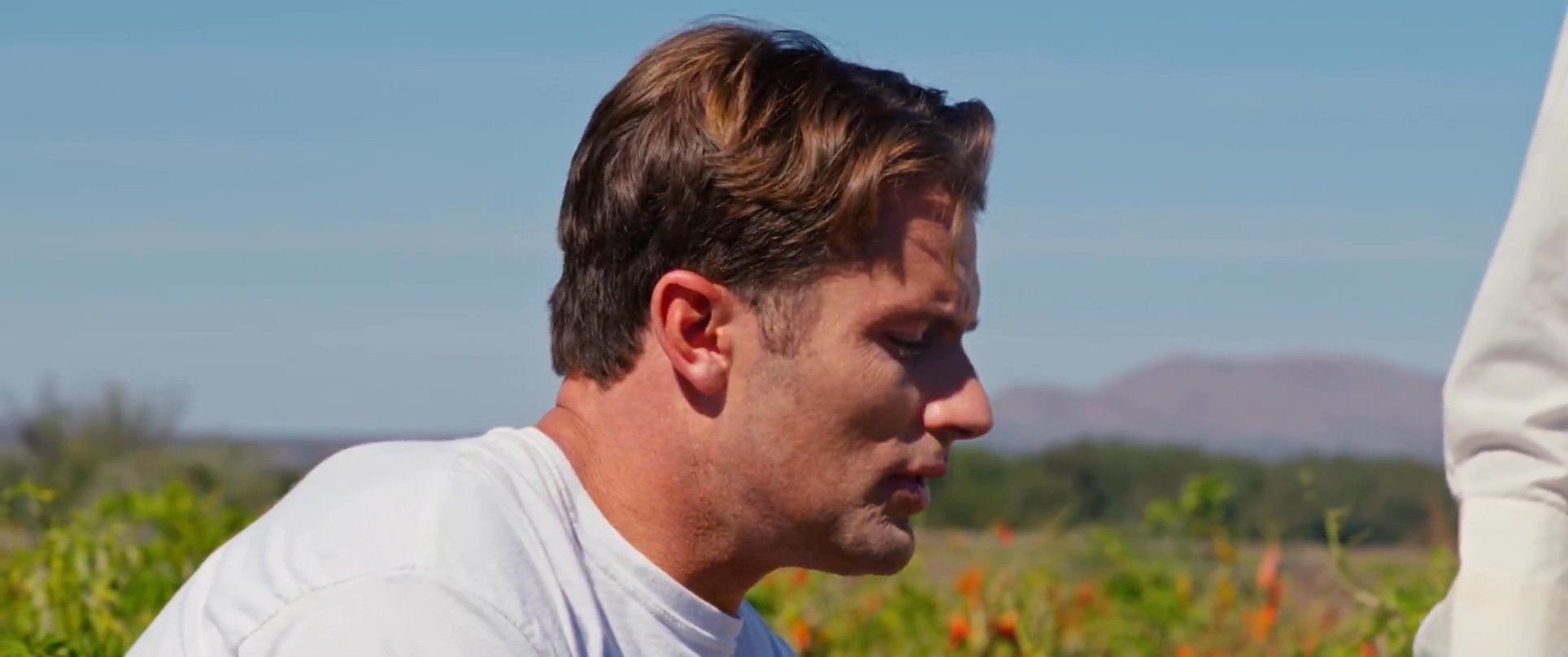 A farm worker harvests chili peppers in an outdoor field before washing his hands in a blue basin. An older colleague observes the activity under a clear sky.