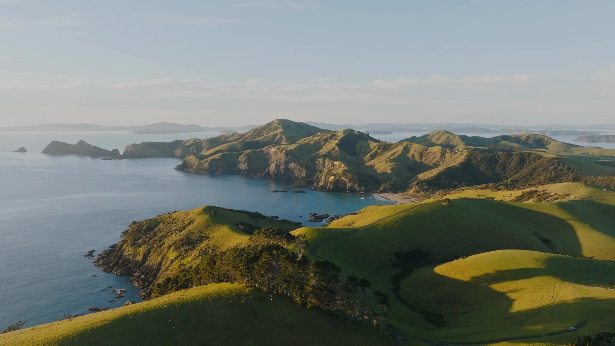 Aerial view of Mataka Station's headlands and the Bay of Islands