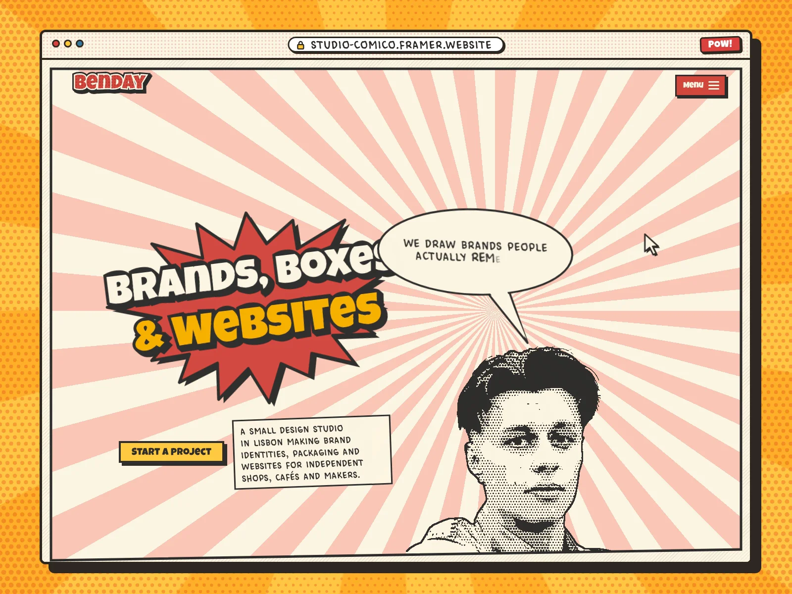 Remix For FreeMost hero sections give you a “Get started” button. This one gives you a big red button that says DON’T PRESS.Press it anyway, and the hero flips into a comic panel where a halftone guy chats with you through a speech bubble.It’s the hero of Studio Comico, an @Framer template I made for small design studios and illustrators who want their site to feel like a comic book 💥